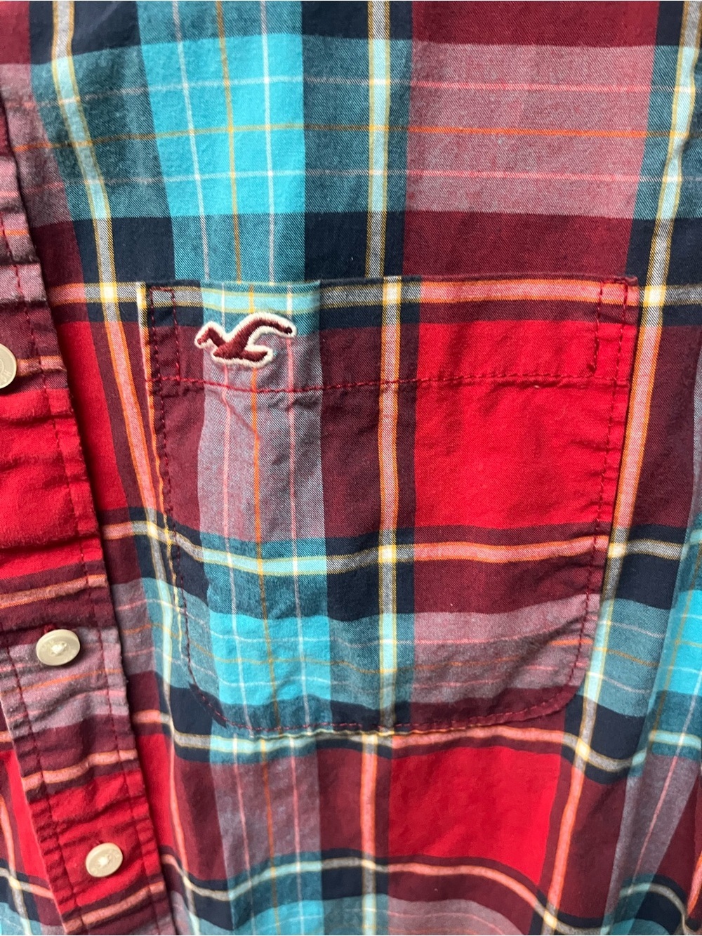 Hollister Men's Red and Teal Plaid Button-Down Shirt - Picture 3 of 6